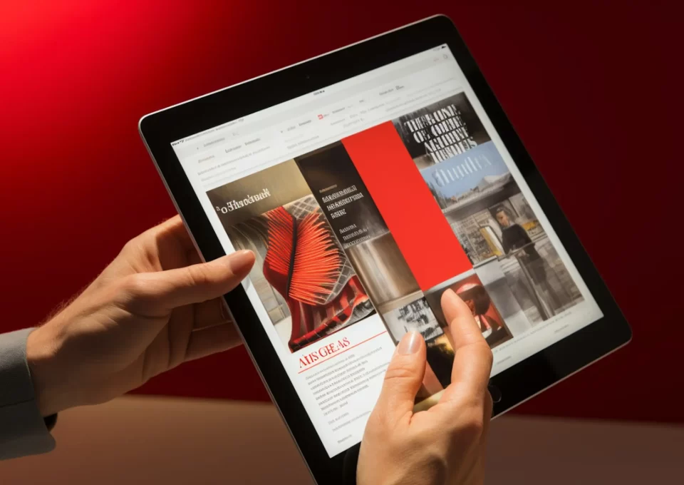 Casual Tablet Reader Engaging Digital Magazine with Vivid Red Design